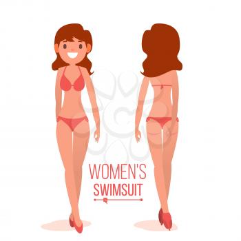 Women s Swimsuit Vector. Fashionable Swimsuit. Back And Front Side. Fashion Bikini. Isolated Flat Illustration
