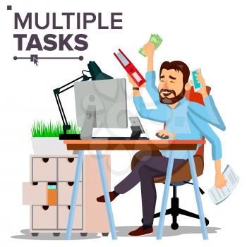 Multiple Tasks Businessman Vector. Many Hands Doing Tasks Simultaneously. Business Strategy. Flat Cartoon Illustration
