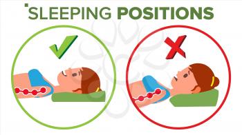 Sleeping Position Vector. Pillow. Curvature Of Human Spine. Neck. Spine Support. Comfortable Bed. Isolated Comparative Illustration