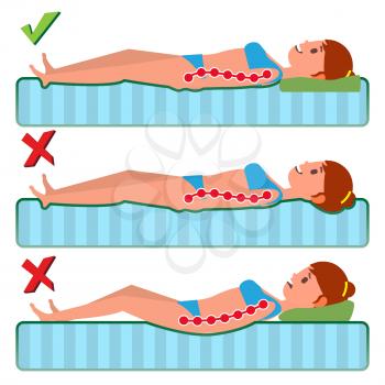 Orthopedic Mattress Vector. Sleeping Position. Bad And Good. Various Mattresses. Comfortable Bed. Pillow. Correct Spine Sleeping Position. Isolated Comparative Illustration