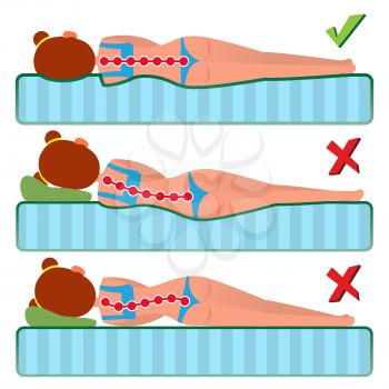 Orthopedic Mattress Vector. Sleeping Position. Correct And Incorrect. Spine Support Pose. Curvature Of Human Spine. Various Mattresses. Isolated Flat Illustration