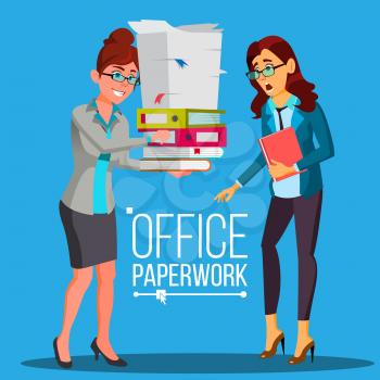 Business Woman Doing Paperwork Vector. Office Worker. Work With Documents. Overworked, Overburdened. Large Piles Of Documents, Folders. Flat Cartoon Illustration