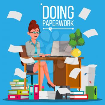 Business Woman Doing Paperwork Vector. Office Worker. Very Busy Day. To Excessive Work. Accounting Bureaucracy. Disorganized Manager. Flat Cartoon Illustration
