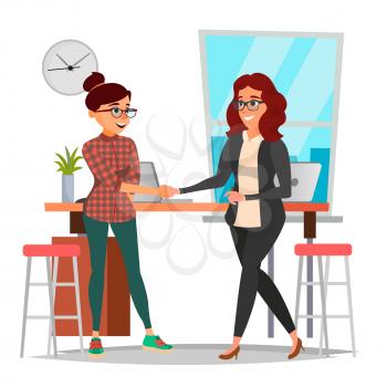 Business Partnership Concept Vector. Two Business Woman. Signing Contract Agreement. Office Meeting. Isolated Flat Cartoon Illustration