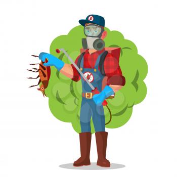 Anti Microbes Sanitation Vector Concept. Worker Spraying Pesticide. Chemical Protective Suit Termites. Disinfection. Isolated On White Cartoon Character Illustration