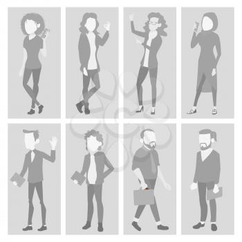 Default Placeholder Avatar Set Vector. Profile Gray Picture. Full Length Portrait. Male, Female Face Photo. Businessman, Business Woman. Human Photo. Silhouette. Isolated Illustration