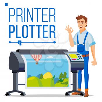 Worker With Plotter Vector. Man. Large Format Multifunction Printer. Polygraphy Service. Isolated Flat Cartoon Illustration