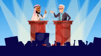 Political Meeting Vector. Discussing Problems. International Conference. Tribune. Big Audience. Pre-election Campaign. Flat Cartoon Illustration