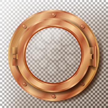 Brass Porthole Vector. Round Metal Window With Rivets. Bathyscaphe Ship Frame Design Element. For Laboratory, Aircraft, Submarines. Isolated On Transparent Background Realistic Illustration
