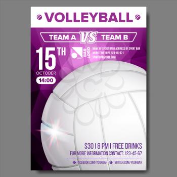 Volleyball Poster Vector. Banner Advertising. Sand Beach. Sport Event Announcement. A4 Size. Game, League Design. Championship Label Illustration