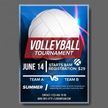 Volleyball Poster Vector. Banner Advertising. Sand Beach, Net. Sport Event Announcement. A4 Size. Game, League Design. Volley Championship Label Illustration