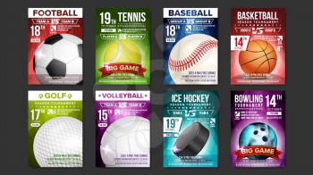 Sport Posters Set Vector. Golf, Baseball, Ice Hockey, Bowling, Basketball, Tennis, Soccer, Football. Vertical Design For Sport Bar Promotion Tournament Flyer Club Invitation Illustration