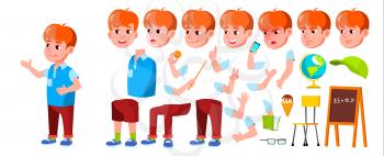 Boy Schoolboy Kid Vector. Primary School Child. Animation Creation Set. Cheerful Pupil. Friends. Emotional. For Presentation, Print, Invitation Design. Face Emotions Animated Illustration