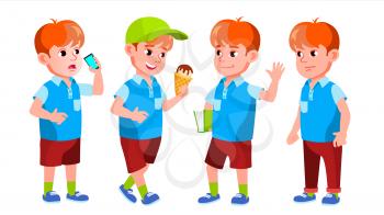 Boy Schoolboy Kid Poses Set Vector. Primary School Child. Beautiful Kid. Alphabet. Youth, Caucasian. For Card, Advertisement, Greeting Design. Isolated Cartoon Illustration