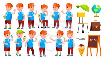 Boy Schoolboy Kid Poses Set Vector. Primary School Child. Cute Child. Happiness Enjoyment. Cheer, Pretty. For Presentation, Print, Invitation Design. Isolated Cartoon Illustration