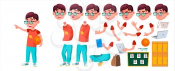 Boy Schoolboy Kid Vector. Primary School Child. Animation Creation Set. Auditorium. Friendship. Pose, Beauty. For Cover, Placard Design. Face Emotions Animated Isolated Illustration