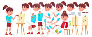 Girl Schoolgirl Kid Vector. High School Child. Animation Creation Set. Face Emotions, Gestures. Child Pupil. Subject, Clever, Studying. For Banner, Flyer Web Design Animated Illustration