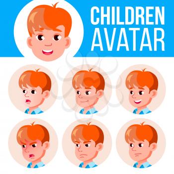 Boy Avatar Set Kid Vector. Primary School. Face Emotions. Flat, Portrait. Youth, Caucasian. Colorful Design Cartoon Head Illustration