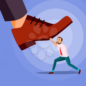 Big Foot Stepping On Businessman Vector. Shoes. Stomping Foot. Oppressed. Confrontation Strategy. Cartoon Illustration
