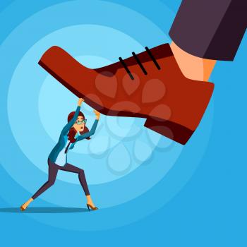 Big Foot Stepping On Business Woman Vector. Conflict. Risk Management. Scary Competition. Motivation. Illustration