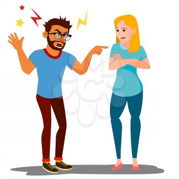 Quarrel Man And Woman Vector. Office Workers Characters Conflict. Disagreements. Negative Emotions. Quarreling People. Angry People. Shouting. Dispute. Cartoon Illustration