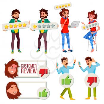 Customer Review Set Vector. Business Positive, Negative Client Review. Store Quality Work. Man, Woman Review Rating. Isolated Cartoon Character Illustration