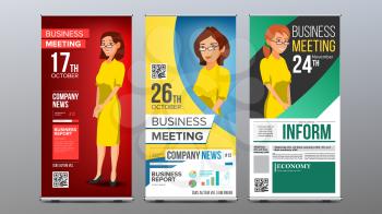 Roll Up Banner Set Vector. Vertical Billboard Template. Business Woman. Expo, Presentation, Festival. For Corporate Forum