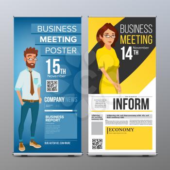 Roll Up Display Vector. Vertical Poster Template Layout. Businessman And Business Woman. Parade, Events. For Business Meeting. Advertising Concept. Blue, Yellow. Business Cartoon Illustration