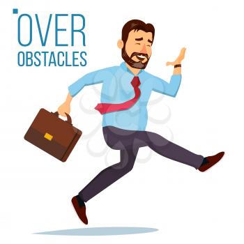 Businessman Jumping Over Obstacles Vector. Leader. Competing Race. Overcoming Obstacles, Achieving Goal. Isolated Cartoon Character Illustration