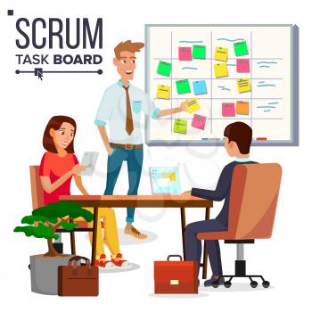 Business Characters Scrum Team Work Vector. Office Tasks Process. Scrum Planning Board. Whiteboard And Process Teamwork. Programming And Planning. Scheme Methodology. Flat Cartoon Illustration