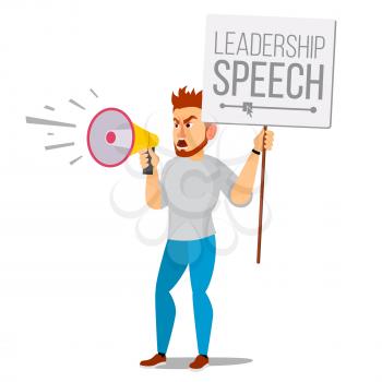 Man Shouting Through Megaphone Vector. Public Protest. Public Speaker. Social Activist. Demonstration Concept. Isolated Flat Cartoon Illustration