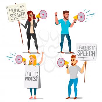People Shouting Through Megaphone Vector. Public Protest. Social Activist. Loud Announcement. Demonstration, Protest, Strike, Speech Concept. Isolated Flat Cartoon Illustration