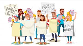 People Shouting Through Loud Speaker Vector. Leadership Speech. People On Strike. Demonstration Concept. Isolated Flat Cartoon Illustration