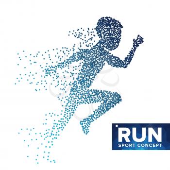 Running Man Silhouette Vector. Grunge Halftone Dots. Dynamic Athlete In Action. Flying Dotted Particles. Sport Banner, Game Competition. Isolated Abstract Illustration