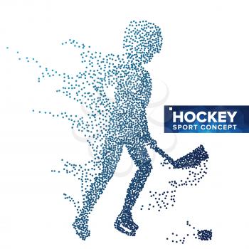 Hockey Player Silhouette Vector. Grunge Halftone Dots. Dynamic Ice Hockey Athlete In Action. Sport Banner, Game Competitions, Event Concept. Illustration