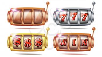 Slot Machine Set Vector. 777. Bingo Background Design. Spin Wheel. Fortune Jackpot. Golden, Silver Bronze Casino Illustration