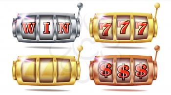 Slot Machine Set Vector. 777. Golden, Silver, Bronze. Gambling Poster. Spin Object Spin Machine Template Casino Illustration