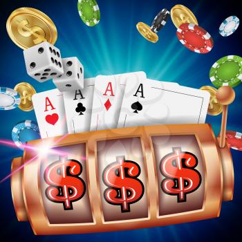 Slot Machine Banner Vector. Win Jackpot In Game Slot Machine. Brochure. Big Win Banner. Casino Illustration