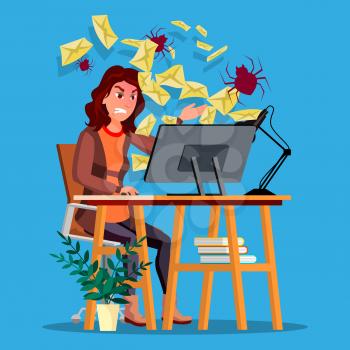 Spam Virus Concept Vector. Woman. Internet Security. Hacker Online. Data Protection. Cyber Safety. E-mail Alert. Trojan Protect. Flat Cartoon Illustration