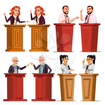Speaker Set Vector. Man, Woman Giving Public Speech. Businessman, Politician. Debates. Presentation Isolated Cartoon Character Illustration