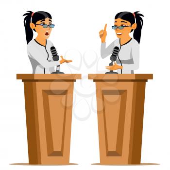 Speaker Woman Vector. Podium With Microphone. Giving Public Speech. Debates. Presentation. Isolated Flat Cartoon Character Illustration
