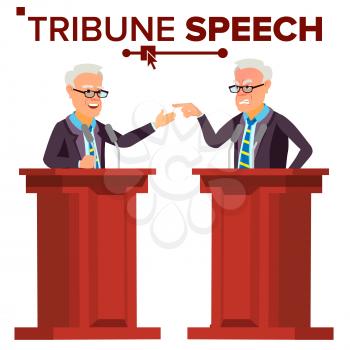 Speaker Man Vector. Podium With Microphone. Giving Public Speech. Debates. Presentation. Isolated Flat Cartoon Character Illustration