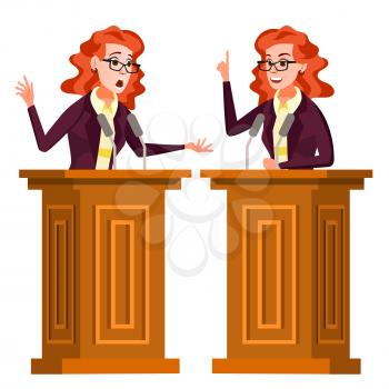 Speaker Woman Vector. Business Woman, Politician Giving Speech. Rostrum. Candidate. Isolated Flat Cartoon Character Illustration