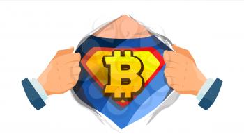 Bitcoin Sign Vector. Superhero Open Shirt With Shield Badge. Mining, Technology For Currency. Isolated Flat Comic Illustration