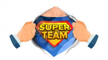 Super Team Sign Vector. Superhero Open Shirt With Shield Badge. Isolated Cartoon Comic Illustration