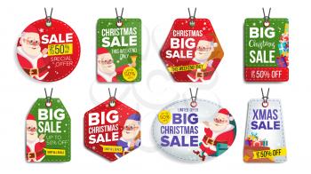 New Year Sale Tags Vector. Colorful Shopping Discounts Stickers. Santa Claus. Discount Concept. Season Christmas Sale Red, Green, Blue Banners. Promotion Illustration