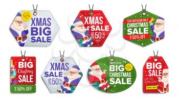 Christmas Sale Tags Vector. Flat Christmas Special Offer Stickers. Santa Claus. 50 Off Text. Hanging Red, Green, Blue Banners With Half Price. Modern Illustration