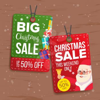 Christmas Sale Tags Vector. Flat Christmas Special Offer Stickers. Santa Claus. Hanging Sale Banners. Half Price. Modern Illustration