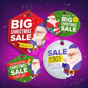 Christmas Sale Tags Vector. Flat Christmas Special Offer Stickers. Santa Claus. 50 Off Text. Hanging Sale Banners With Half Price. Modern Illustration