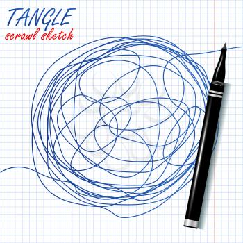 Tangle Scrawl Sketch Vector. Drawing Circle. Tangled Chaotic Doodle. Mind, Brainwork. Spherical Abstract Illustration